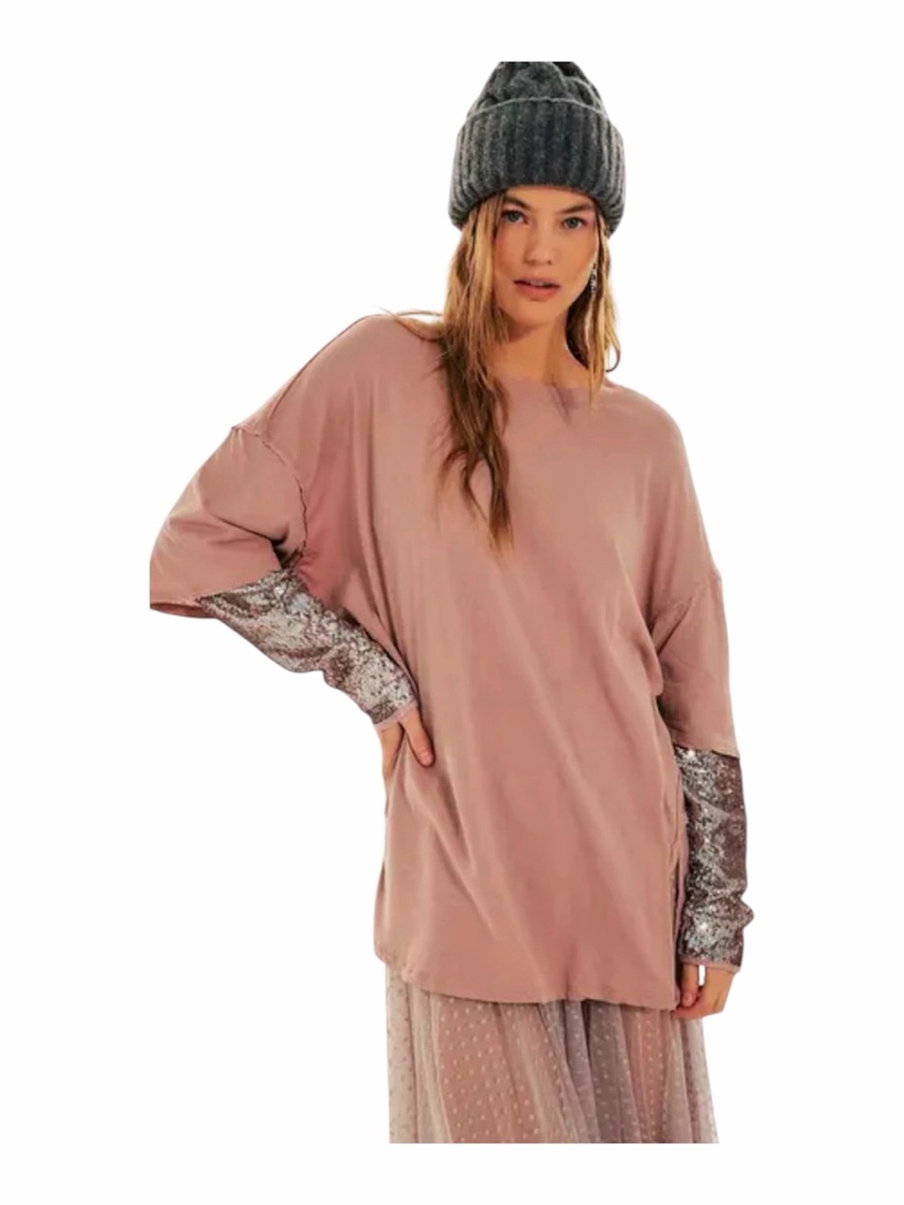Free People We The Free Sequin Sleeve Oversized Top Pink Boho Size M
